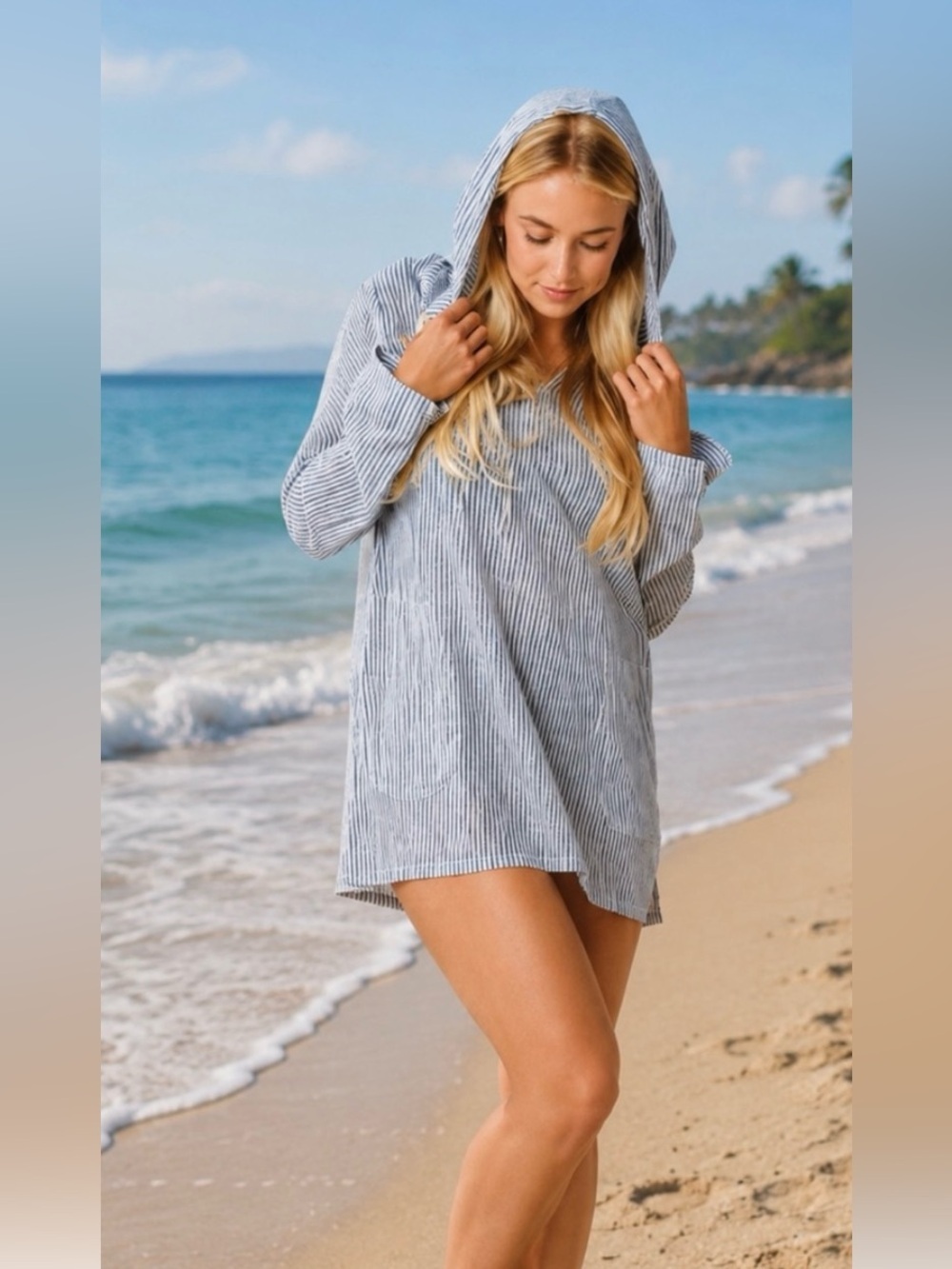 #1) For Cynthia Blue and White Striped Beachwear Hoodie
